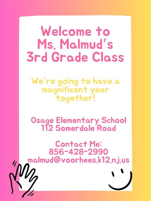 Welcome to Ms. Malmud's 3rd Grade Class We're going to have a magnificent year together! Contact Me malmud@voorhees.k12.nj.us